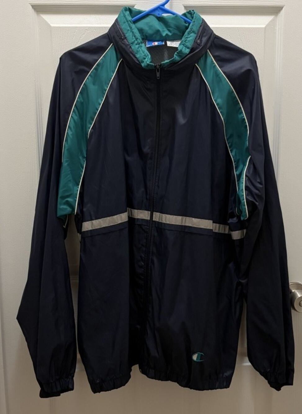 Champion Windbreaker Jacket Mens XL Navy Teal Vintage Colorblock Full Zip